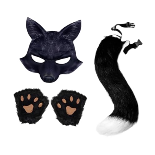 F Fityle Therian-Maske und Katzenschwanz aus Plüsch, als Geschenk für Bühnenauftritte und Halloween-Partys, Schwarz von F Fityle