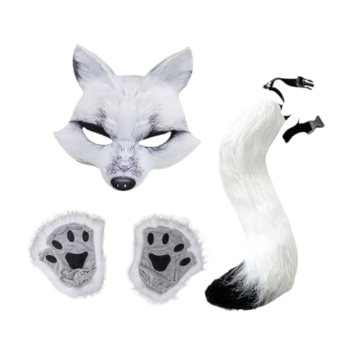 F Fityle Therian-Maske und Katzenschwanz aus Plüsch, als Geschenk für Bühnenauftritte und Halloween-Partys, Weiß von F Fityle