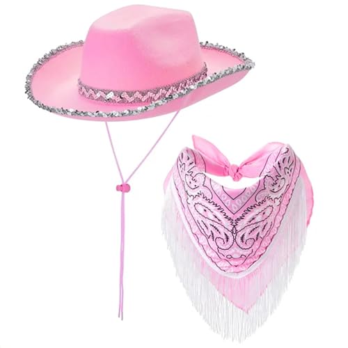 FACAILUO Cowgirl-Hut + Bandana-Set, eleganter Quasten-Schal, Musik-Festival, Party, Hut, Rapper, Club, Livehouse-Kostüm, Rollenspiel von FACAILUO