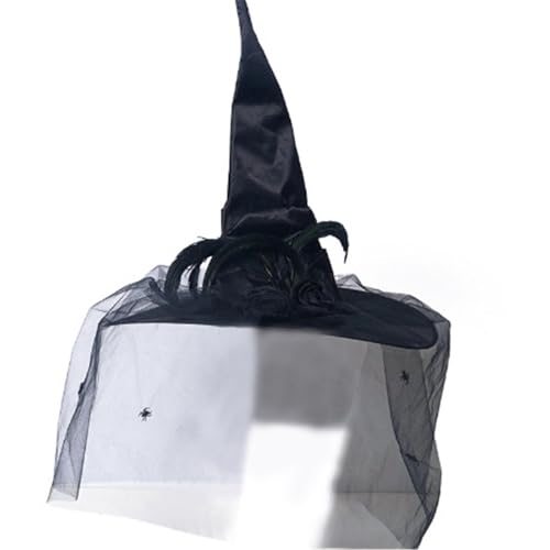 FACAILUO Halloween-Hexenhut für Damen, breiter Rand, spitzer Hut, Party-Maskeraden, Hut mit Spinnen und zerknittertem Accessoire von FACAILUO