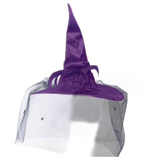 FACAILUO Halloween-Hexenhut für Damen, breiter Rand, spitzer Hut, Party-Maskeraden, Hut mit Spinnen und zerknittertem Accessoire von FACAILUO