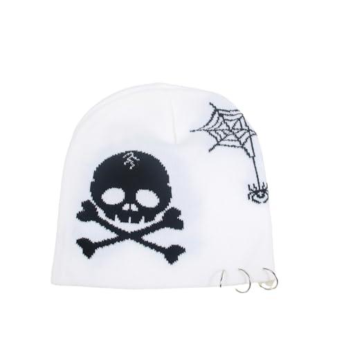 FACAILUO Unisex Totenkopf gehäkelter Hip-Hop-Hut für Damen und Herren, Bild-Requisiten, Knochen, Spinnennetz, Halloween-Party von FACAILUO