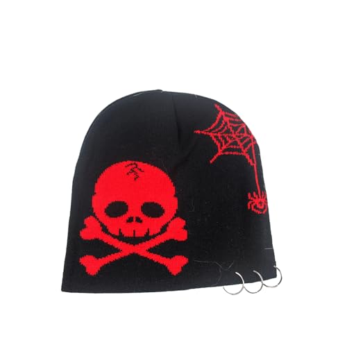 FACAILUO Unisex Totenkopf gehäkelter Hip-Hop-Hut für Damen und Herren, Bild-Requisiten, Knochen, Spinnennetz, Halloween-Party von FACAILUO