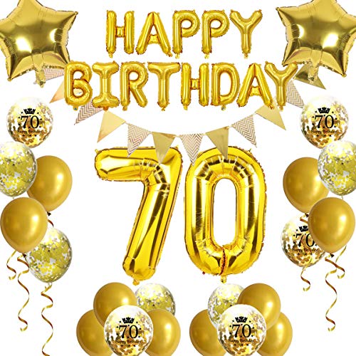 70. Geburtstag Dekoration, Happy Birthday Ballon Wimpel Banner Gold Nummer 70 Geburtstag Ballone Stern Folienballons Konfetti Luftballons für Mann Vater 70 Jahre alt Geburtstag Dekoration von Fechy