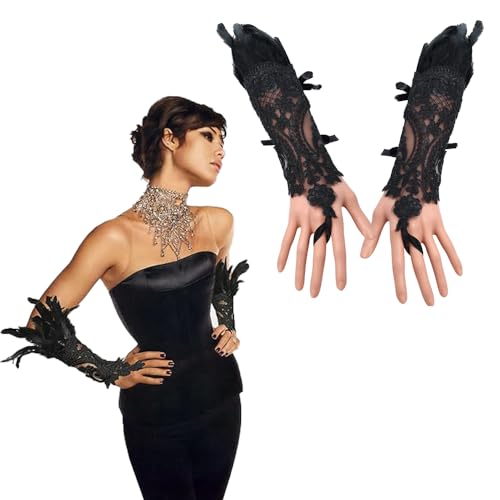 FAD-4U Damen Feder Manschetten,Fingerlose Federärmel,Vintage Feder Spitze Handschuhe,Steampunk Armstulpen für Halloween, karneval, Gotische Kleiderparty von FAD-4U