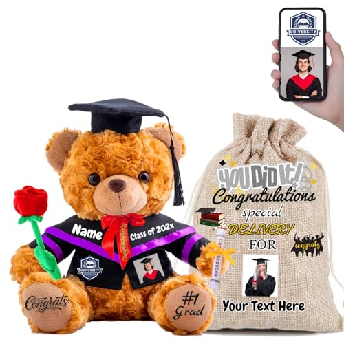 FAHOXUMR 2024 Graduationbär Personalisierte mit Rose & Geschenktüte, Abschluss-Teddybär als Abschlussgeschenk 2024 für Mädchen/Jungen als Hochschule Graduation Geschenke für Sie (25cm-Text+Foto) von FAHOXUMR