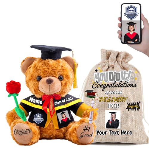 FAHOXUMR 2024 Graduationbär Personalisierte mit Rose & Geschenktüte, Abschluss-Teddybär als Abschlussgeschenk 2024 für Mädchen/Jungen als Hochschule Graduation Geschenke für Sie (25cm-Text+Foto) von FAHOXUMR