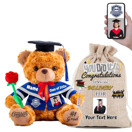 FAHOXUMR 2024 Graduationbär Personalisierte mit Rose & Geschenktüte, Abschluss-Teddybär als Abschlussgeschenk 2024 für Mädchen/Jungen als Hochschule Graduation Geschenke für Sie (25cm-Text+Foto) von FAHOXUMR