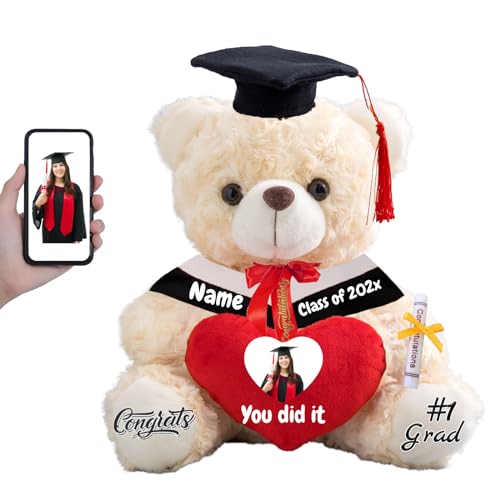 FAHOXUMR Graduationbär Personalisierte Abschlussgeschenk mit Text+Foto, Teddybär mit Herz als Schulabschluss Geschenk für Ihn 2025 Oberschule Graduation 2025 (20cm-Text+Foto) von FAHOXUMR