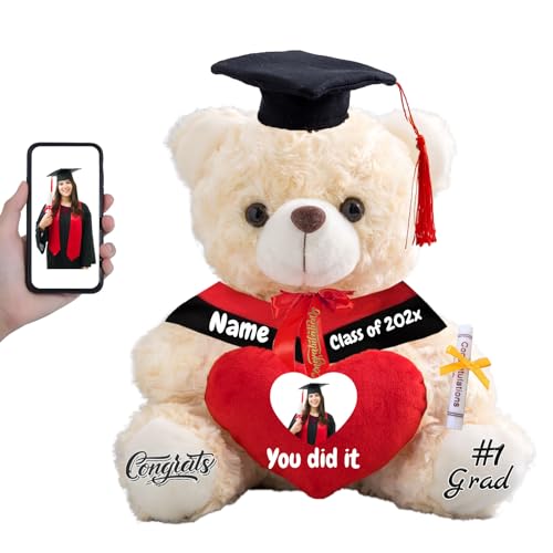 FAHOXUMR Graduationbär Personalisierte Abschlussgeschenk mit Text+Foto, Teddybär mit Herz als Schulabschluss Geschenk für Ihn 2025 Oberschule Graduation 2025 (25cm-Text+Foto) von FAHOXUMR