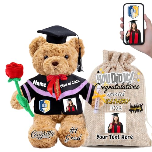 FAHOXUMR Graduationbär Personalisierte mit Rose & Geschenktüte als 2024 Abschlussgeschenke für Sie Ihn, Abschluss-Teddybär Plüschtier für Ihn als Oberschule Abschlussgeschenk 2024 (26cm-Text+Foto) von FAHOXUMR