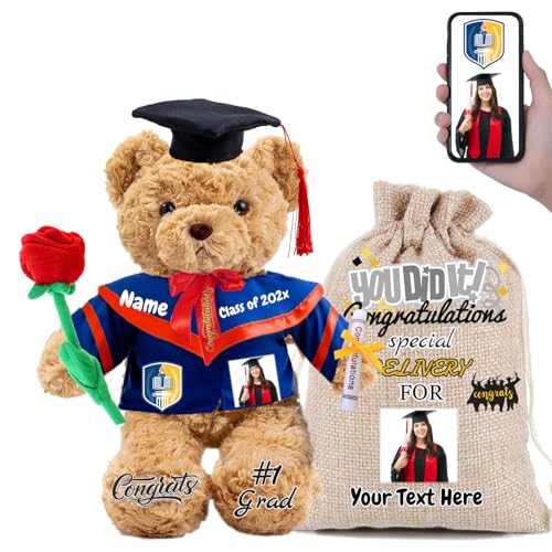 FAHOXUMR Graduationbär Personalisierte mit Rose & Geschenktüte als 2024 Abschlussgeschenke für Sie Ihn, Abschluss-Teddybär Plüschtier für Ihn als Oberschule Abschlussgeschenk 2024 (26cm-Text+Foto) von FAHOXUMR