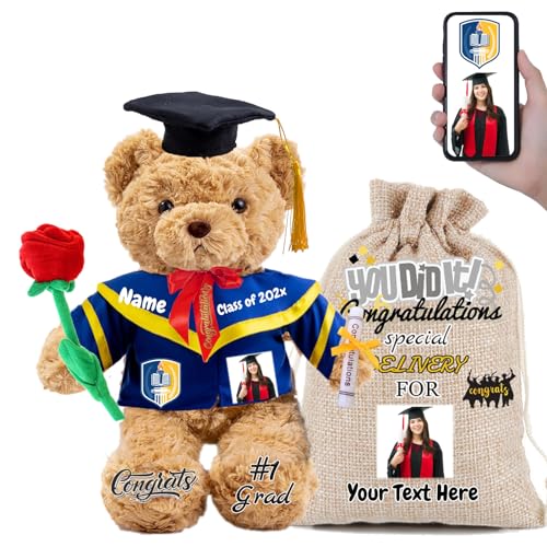 FAHOXUMR Graduationbär Personalisierte mit Rose & Geschenktüte als 2024 Abschlussgeschenke für Sie Ihn, Abschluss-Teddybär Plüschtier für Ihn als Oberschule Abschlussgeschenk 2024 (32cm-Text+Foto) von FAHOXUMR