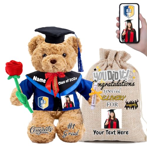 FAHOXUMR Graduationbär Personalisierte mit Rose & Geschenktüte als 2024 Abschlussgeschenke für Sie Ihn, Abschluss-Teddybär Plüschtier für Ihn als Oberschule Abschlussgeschenk 2024 (32cm-Text+Foto) von FAHOXUMR