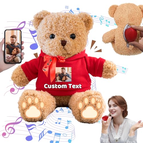 FAHOXUMR Personalisierte Geschenke Teddybär mit Aufzeichnung für Kinder Erwachsene, Personalisierte Bär Plüschtiere mit Schleife als Besondere Geschenke für Valentinstag Weihnachten (40cm-Text+Foto) von FAHOXUMR