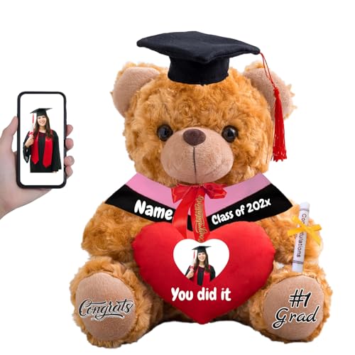 FAHOXUMR Personalisierter Abschluss-Teddybär 2024, Graduation Geschenke für Sie mit Text+Foto, Abschlussbär mit Herz als Abschlussgeschenk für Ihn zum Abschluss 2024 (20cm-Text+Foto) von FAHOXUMR