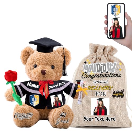 FAHOXUMR Personalisierter Abschluss-Teddybär 2024 mit Rose & Geschenktüte, Abschlussbär für Abschlussfeier 2024 als Graduation Geschenke für Frauen Männer (30cm-Text+Foto) von FAHOXUMR