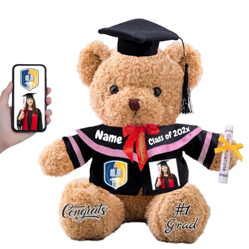 FAHOXUMR Personalisierter Abschluss-Teddybär 2025 mit Text+Foto, Abschlussbär für Abschlussfeier 2025 als Graduation Geschenke für Frauen Männer (30cm-Text+Foto) von FAHOXUMR