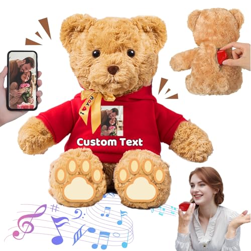 FAHOXUMR Personalisierter Teddybär mit Aufzeichnung für Sie Ihn, Personalisierte Geschenke Teddybär mit Text+Foto als Besondere Geschenke für Valentinstag Weihnachten Geburtstag (26cm-Text+Foto) von FAHOXUMR