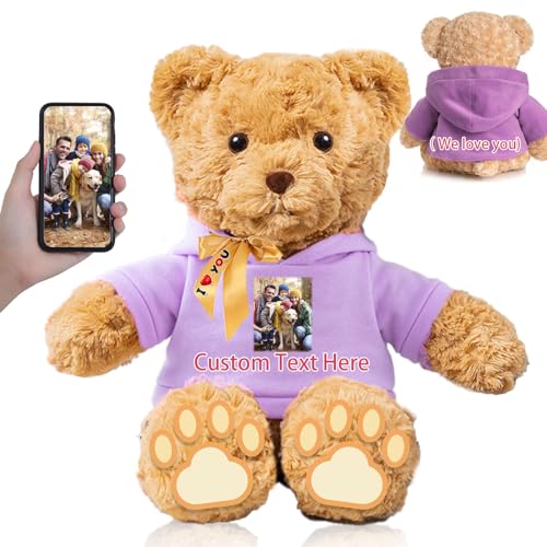 FAHOXUMR Personalisierter Teddybär mit Schleife für Sie Ihn, Plüschtiere Personalisierte Geschenke Bär mit Text+Foto als Besondere Geschenke für Valentinstag Weihnachten (26cm-Text+Foto) von FAHOXUMR