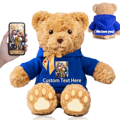 FAHOXUMR Personalisierter Teddybär mit Schleife für Sie Ihn, Plüschtiere Personalisierte Geschenke Bär mit Text+Foto als Besondere Geschenke für Valentinstag Weihnachten (26cm-Text+Foto) von FAHOXUMR