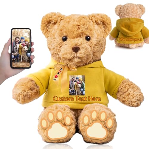 FAHOXUMR Personalisierter Teddybär mit Schleife für Sie Ihn, Plüschtiere Personalisierte Geschenke Bär mit Text+Foto als Besondere Geschenke für Valentinstag Weihnachten (26cm-Text+Foto) von FAHOXUMR