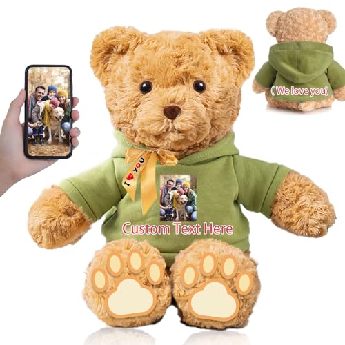 FAHOXUMR Personalisierter Teddybär mit Schleife für Sie Ihn, Plüschtiere Personalisierte Geschenke Bär mit Text+Foto als Besondere Geschenke für Valentinstag Weihnachten (26cm-Text+Foto) von FAHOXUMR