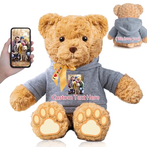 FAHOXUMR Personalisierter Teddybär mit Schleife für Sie Ihn, Plüschtiere Personalisierte Geschenke Bär mit Text+Foto als Besondere Geschenke für Valentinstag Weihnachten (32cm-Text+Foto) von FAHOXUMR