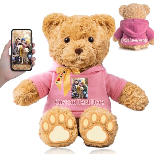 FAHOXUMR Personalisierter Teddybär mit Schleife für Sie Ihn, Plüschtiere Personalisierte Geschenke Bär mit Text+Foto als Besondere Geschenke für Valentinstag Weihnachten (32cm-Text+Foto) von FAHOXUMR