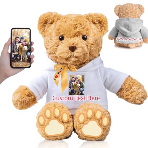 FAHOXUMR Personalisierter Teddybär mit Schleife für Sie Ihn, Plüschtiere Personalisierte Geschenke Bär mit Text+Foto als Besondere Geschenke für Valentinstag Weihnachten (32cm-Text+Foto) von FAHOXUMR