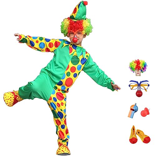 FAIRYRAIN Clown Kostüm Kinder Set, Karneval Cosplay Costume Overall Clown Nase, Schuhe, Hut, Clown Perücke, Handschuhe für Halloween Weihnachten Karneval L von FAIRYRAIN