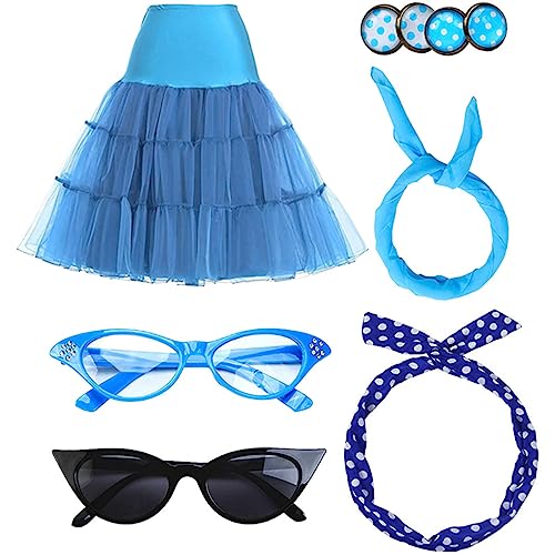 FAIRYRAIN Damen Halloween 50er Jahre Rockabilly 1950s Kostüm Accessoires Petticoat Unterrock, Bandana Haarband Ohrringe Handschuhe Katzenaugen Sonnenbrille Schal für Motoparty Retro Teily Party L von FAIRYRAIN