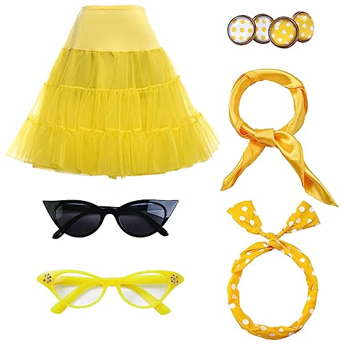 FAIRYRAIN Damen Halloween 50er Jahre Rockabilly 1950s Kostüm Accessoires Petticoat Unterrock, Bandana Haarband Ohrringe Handschuhe Katzenaugen Sonnenbrille Schal für Motoparty Retro Teily Party M von FAIRYRAIN