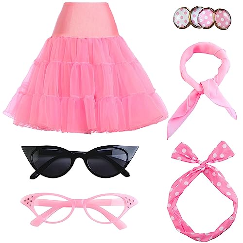 FAIRYRAIN Damen Halloween 50er Jahre Rockabilly 1950s Kostüm Accessoires Petticoat Unterrock, Bandana Haarband Ohrringe Handschuhe Katzenaugen Sonnenbrille Schal für Motoparty Retro Teily Party S von FAIRYRAIN