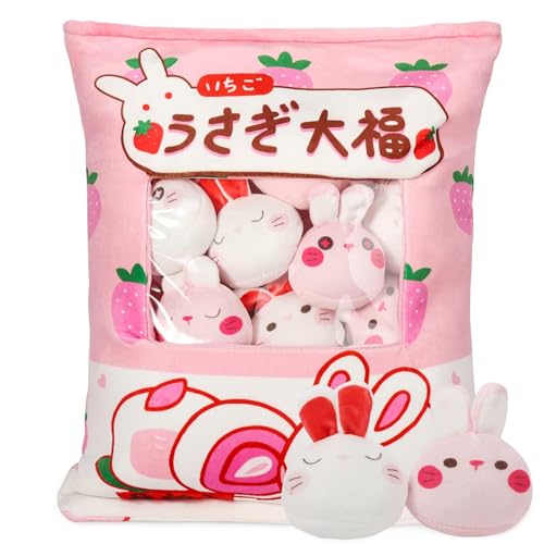 Kaninchen-Plüschkissen, Kawaii-Snack-Kissen, Kawaii-Kissen, mit Plüschtier, Hase, abnehmbar, Kaninchen, Spielzeug, Plüsch, Geschenk für Mädchen, Kinder (8 Erdbeerhasen) von FAKKA