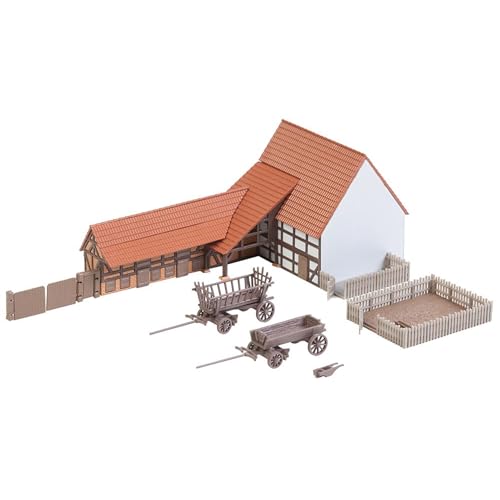 FALLER Landwirtschaftliches Gebäude mit Zubehör Modellbausatz mit 138 Einzelteilen 125 x 57 x 53mm I Modelleisenbahn Zubehör I Modelleisenbahn Gebäude, Braun und Creme von FALLER