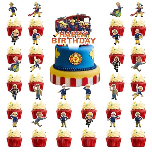 25 Stück Feuerwehrmann Tortendeko FAMILIO Feuerwehrmann Deko Geburtstag, Feuerwehrmann Kuchen Deko, Feuerwehrmann Cake Topper, Feuerwehrmann Cupcake Topper für Kinder Geburtstag Torten Deko von FAMILIO