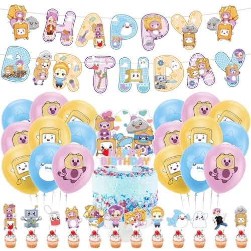 32 Pcs Foxy Box Geburtstag Dekorationen FAMILIO-Kinder Karikatur Themenpartyzubehör Cake Topper Geburtstag Banner Foxy box Latexballon Cupcake Toppers für Kinder von FAMILIO