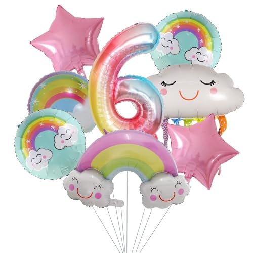 8 Stücke Regenbogen Luftballons FAMILIO-Luftballon Regenbogen Deko Wolkenförmige Folienballon Geburtstagsdeko Rosa Folienballon für 6 Jahre Mädchen Geburtstag Party Dekorative Vorräte (mit Bänder) von FAMILIO