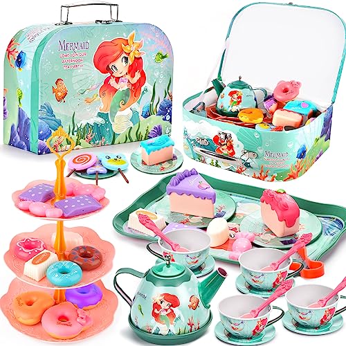 FAMKEEP 48 Pcs Teeservice Kinder,Meerjungfrau Spielzeug Tragekoffer,Tee Set Teeservice mit Dessert,Tea Party Set Kids,Teeservice Kinderküche für Kinder Mädchen 3 4 5 6 7 8 Jahren von FAMKEEP