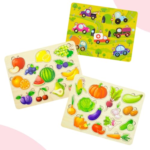 Steckpuzzle Holz ab 1 Jahr Set Fahrzeuge/Früchte/Gemüse - Holz Puzzle ab 2 3 4 Jahre Holzspielzeug Holzpuzzle Geschenk für Kinder, Mädchen und Jungen (Set 3in1) von FANCY