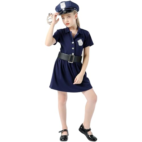 FANCYINN Polizei Kostüm Kinder Schickes Mädchen Polizei Kostüm mit Kleid Polizei Uniform inkl. Polizeimütze Kinder,Fasching Kostüm Kinder Kostüm Polizei Kinder 6-8TJ von FANCYINN