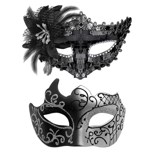 FANCYWUXI 2 Stück Venezianische Maske Damen Herren Maskerade Augenmaske für Damen Herren Maskenball Maske Damen Schwarze Venezianische Party für Fasching Maskenball Karneval Abendkleid Party von FANCYWUXI