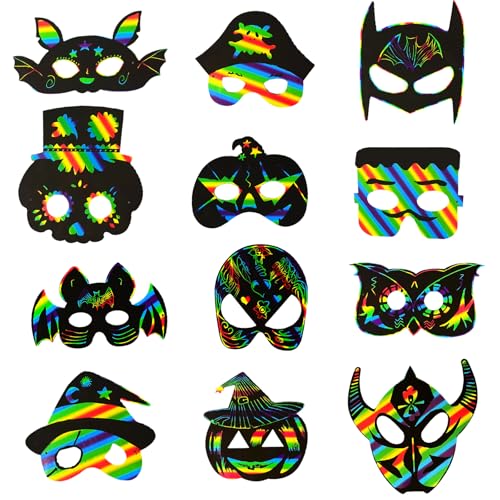 FANOST 24 Stück Halloween Regenbogen Kratzbilder Masken Kinder, Halloween Kratzmasken, Halloween Maske, Halloween Party Mitgebsel Aktivitäten Geschenke, Halloween Basteln Kinder von FANOST