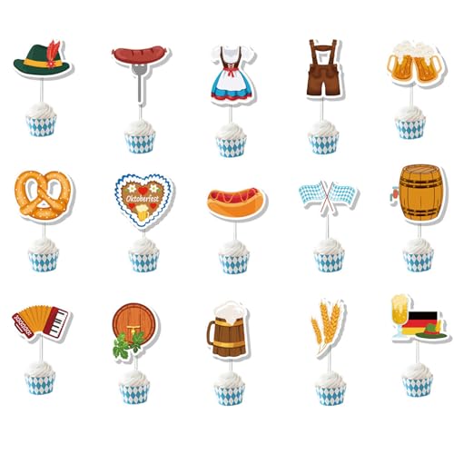 FANOST 30 Stück Oktoberfest Cupcake Topper Deko, Oktoberfest Tortendeko, Oktoberfest Kuchendeko, Bierfest Kuchendeko, Oktoberfest Bayrische Party Deko von FANOST