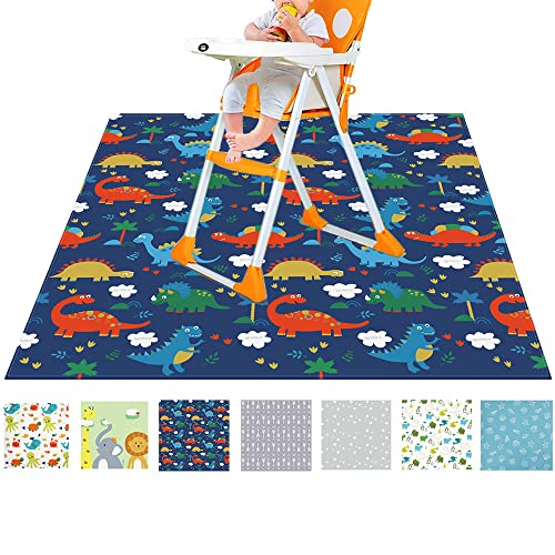 FANSU Hochstuhl Bodenmatte Wasserdicht rutschfest, Karikatur Hochstuhl Spritzmatte Waschbar Spill Mat Spielmatte/Krabbelmatte/Campingmatte für Baby Kinder Fütterung, 130x130cm (Blauer Dinosaurier) von FANSU