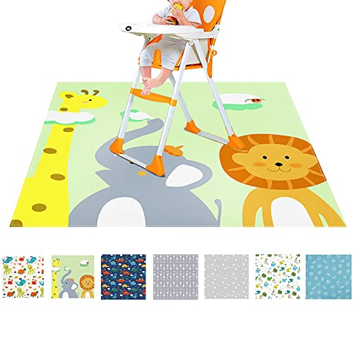 FANSU Hochstuhl Bodenmatte Wasserdicht Rutschfest, Karikatur Hochstuhl Spritzmatte Waschbar Spill Mat Spielmatte/Krabbelmatte/Campingmatte für Baby Kinder Fütterung, 130x130cm (grüne Tiere) von FANSU