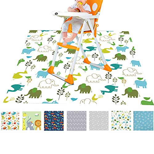 FANSU Hochstuhl Bodenmatte Wasserdicht rutschfest, Karikatur Hochstuhl Spritzmatte Waschbar Spill Mat Spielmatte/Krabbelmatte/Campingmatte für Baby Kinder Fütterung, 130x130cm (weißer Elefant) von FANSU