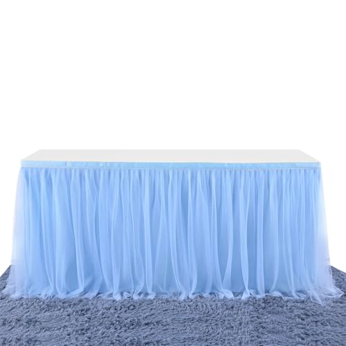 FANSU Tüll Tischrock, Doppelschicht Tischröcke Party Deko Tischrock Tisch Rock Tischdekoration, für Geburtstag Kuchen Hochzeit Bankett Babyparty Taufe Weihnachten (9FT/275x77cm,Blau) von FANSU