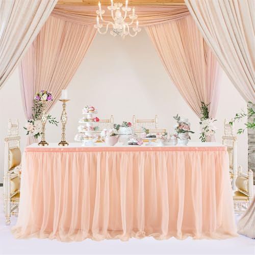 FANSU Tüll Tischrock, Doppelschicht Tischröcke Party Deko Tischrock Tisch Rock Tischdekoration, für Hochzeit Bankett Babyparty Taufe Weihnachten Geburtstag Kuchen (14FT/427x77cm,Roségold) von FANSU